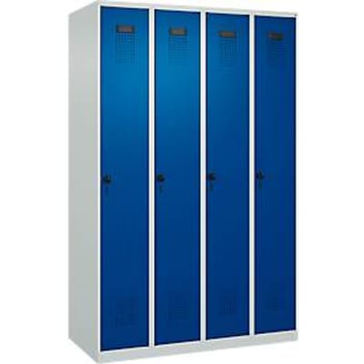 C+P Evolo Plus garderobekast, 4 vakken, rechts scharnierend, veiligheidsdraaistang, B 1200 x D 500 x H 1850 mm, lichtgrijs/gentiaanblauw