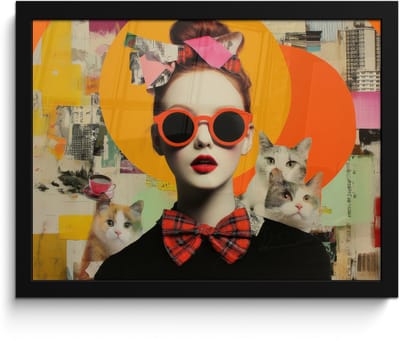 Poster in lijst - Fotolijst 40x30 cm - Posters - Vrouw - Bril - Strik - Retro - Posterlijst zwart - Decoratie - Wanddecoratie woonkamer - Muurdecoratie slaapkamer