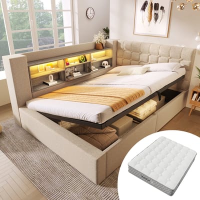 MODFU Gestoffeerd Bed - L-Vormig Hoofdbord Met Opbergruimte En Ledverlichting - Hydraulische Opbergruimte - Linnen - Beige - 140 X 200 Cm