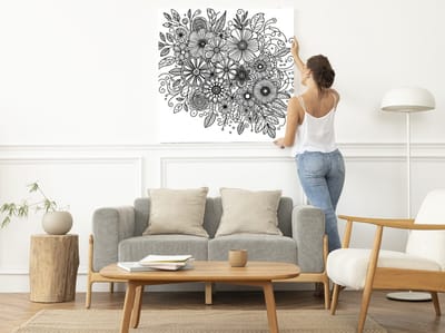 Line art bloemen schilderij | Floral Symphony: A Harmonious Dance of Lines and Blooms | Kunst - 80x80 centimeter op Dibond | Foto op Dibond