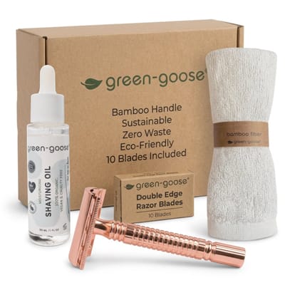 green-goose® Scheerpakket | Safety Razor Klassiek Scheermes | Rozegoud | Biologische Scheerolie | Bamboe Doekje | 10 Scheermesjes | Duurzaam Cadeau!