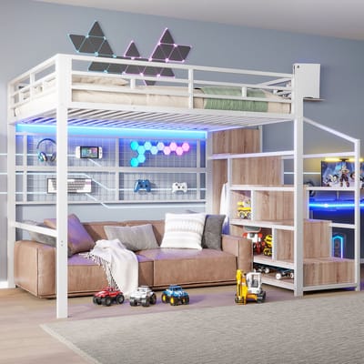 MEUNIQ hoogslaper 140 x 200 cm met opbergladder, hangrooster, open ruimte onder het bed en 7-kleuren LED, voor slaapkamer, wit