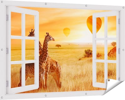 Gards Tuinposter Doorkijk Twee Giraffen met Twee Oranje Luchtballonnen - 150x100 cm - Tuindoek - Tuindecoratie - Wanddecoratie buiten - Tuinschilderij