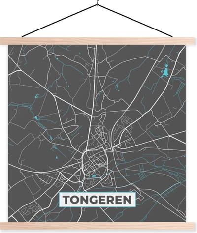 Posterhanger incl. Poster 40x40 cm - Schoolplaat - België – Tongeren – Stadskaart – Kaart – Blauw – Plattegrond - Textielposter - Blanke latten - Stadskaart
