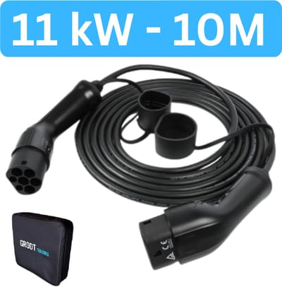 Laadkabel Type 2 | 16A 3 Fase | 11 kW | 10 meter | Inclusief laadkabel tas | IP65 | 2 Jaar garantie | Mennekes aansluiting | Laadkabel auto | Zwarte 10 meter kabel TPU | CE, ISO & RoHs gecertificeerd