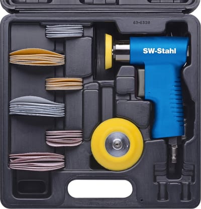 SW-Stahl S3293 perslucht-excenterschuurset I 63-delige persluchtgereedschapset I 1/4 inch persluchtstekker I 15.000 tpm I 2 montageschijven ø 50mm, ø 70mm I 60x schuurpapier ø 50mm, ø 70mm