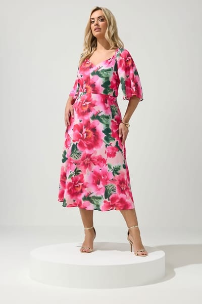 Yours London Roze Bloemenprint Vhals Maxijurk Size 42