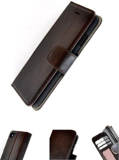 Echt Leder Donkerbruin Wallet Bookcase Pearlycase® Hoesje Geschikt voor Apple iPhone 7 Plus