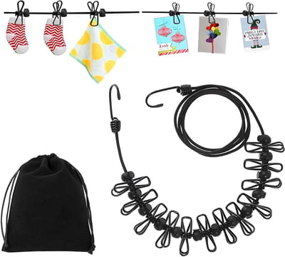 Dailygoods- Waslijn Draagbaar - Oprolbaar - Elastisch - 12 Klemmen - Uittrekbaar 180/360 cm - Lichtgewicht en Compact - Reiswaslijn