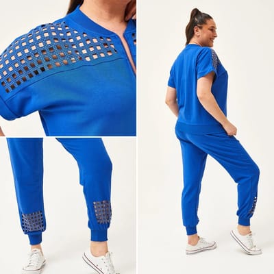 Dames Large Trainingspak met Transparante Snede en Steendruk - Blauw Fitnesspak L Tracksuit