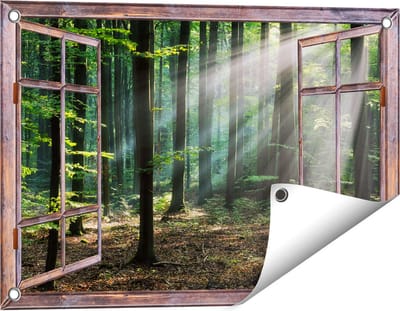 Gards Tuinposter Doorkijk Bos met Zon tussen de Bomen - 60x40 cm - Tuindoek - Tuindecoratie - Wanddecoratie buiten - Tuinschilderij