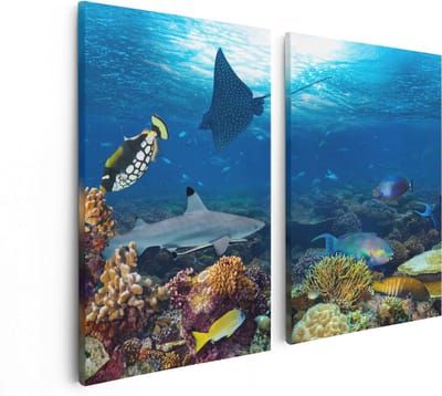 Artaza Canvas Schilderij Tweeluik Vissen met Koraalrif in de Oceaan - 80x60 - Foto Op Canvas - Canvas Print