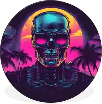 WallCircle - Wandcirkel - Muurcirkel - Palmbomen - Hoofd - Metallic - Zonsondergang - Aluminium - Dibond - 30x30 cm - Binnen en Buiten