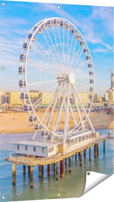 Gards Tuinposter Scheveningen Pier met de Ferris Wheel - Reuzenrad - 80x120 cm - Tuindoek - Tuindecoratie - Wanddecoratie buiten - Tuinschilderij