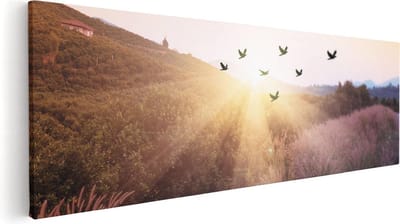 Artaza Canvas Schilderij Zonsondergang Landschap - 60x20 cm - Wanddecoratie Vogels - Muurdecoratie Natuur - Kamer Accessoires