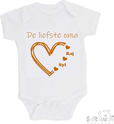 100% katoenen Romper "De liefste oma met de namen van 2 kleinkinderen" Unisex Katoen Wit/tan Maat 56/62