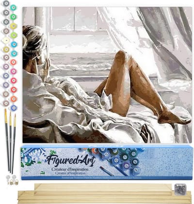 Figured'Art Schilderen op Nummer Volwassenen canvas Rust met uitzicht op de zee - Handwerk acrylverf Kit DIY Compleet - 40x50cm met DIY houten lijst