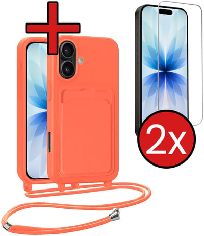 Hoesje Geschikt voor iPhone 17 Hoesje Met Telefoonkoord en Pasjeshouder Met 2x Screenprotector Siliconen - Hoes Geschikt voor iPhone 17 Hoesje Met Kaarthouder Case - Papaya