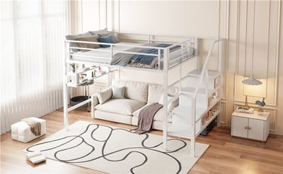 Hoogslaper 140x200 - Met Opbergladder, Planken En Reling - Wit - Zonder Matras