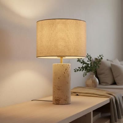 LUSENZ Nalori - Design Tafellamp Travertin met Linnen Lampenkap 40 cm - Tafellamp woonkamer - Scandinavisch design - Beige - E27 fitting - Met