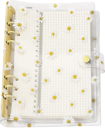 Ynkkvre - Ringmap A5 voor notitieboek, transparante waterdichte pvc-hoezen, navulbaar - 6-rings - Met drukknoopsluiting - Madeliefje design - 23,5 x 17 cm-1 artikel