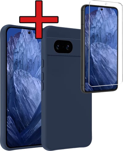 Hoesje - Met Screenprotector - Geschikt voor Google Pixel 8a - Sterk & Shockproof - Telefoon Hoes - Back Cover - Siliconen Case - Telefoonhoes - Donkerblauw