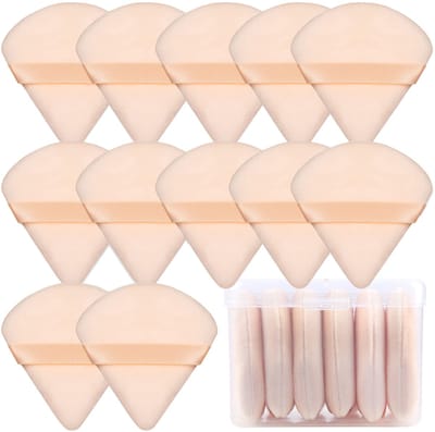 longziming -Set van 12 Driehoekige Make-up Poederkwasten – Zachte Fluwelen Kwasten met Handriem-Compact-Wasbaar en Multifunctioneel- Perzikkleur