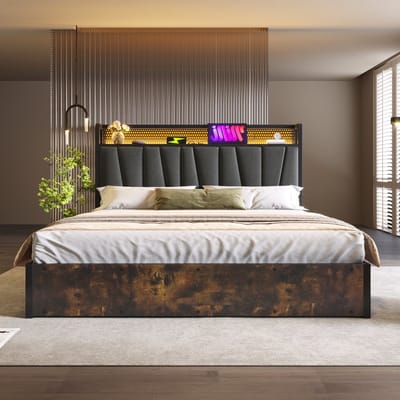 STILVORA Gestoffeerd Bed - 180x200 cm - Tweepersoonsbed met LED hoofdeinde en USB-oplaadfunctie - stijlvol en multifunctioneel - Linnen - Grijs
