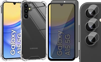 Hoesje geschikt voor Samsung Galaxy A15 - Privacy Screenprotector Volledig Dekkend Glas & Camera - Shockproof Transparant