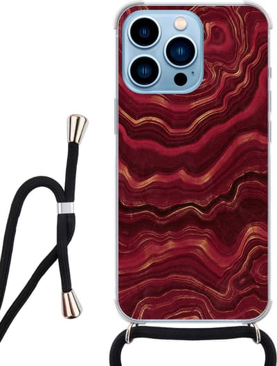 Hoesje met koord - Geschikt voor iPhone 13 Pro - Marmer rood agate - Verstelbaar zwart koord - Transparant - Print / Illustratie - Leuke Telefoonhoesjes