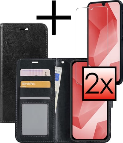 Hoesje - Met 2x Screenprotector - Geschikt voor Samsung Galaxy A16 - Luxe Pasjeshouder - Bookcase Portemonee - Flip Case - Kunstleer Book Case - Flipcase Hoes - Book Cover - Walletcase - Portemonneehoes - Zwart