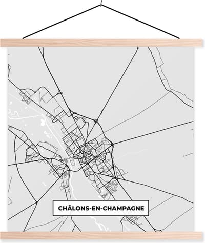 Posterhanger incl. Poster 40x40 cm - Schoolplaat - Plattegrond – Châlons-en-Champagne – Stadskaart – Kaart – Frankrijk - Textielposter - Blanke latten - Stadskaart