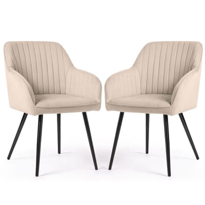 Set van 2 Eetkamerstoelen FLORENCE met Armleuningen / Gestoffeerde Stoelen / Fluwelen Stoelen en Metalen Poten / Beige met zwarte benen