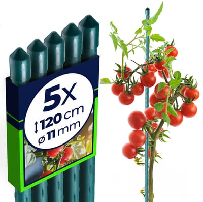 KADAX Bloemensteun, van staal, kunststof gecoat, plantenstok, voor het geleiden van klimplanten, weerbestendige plantensteun, tomatenstok, klimhulp met haakjes,120 cm x 11 mm, set van 5 stuks