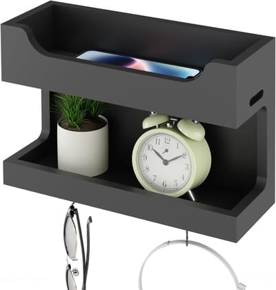 Wandgemonteerd Houten Nachtkastje met Magnetische Haken - Dubbele Lade Organizer voor Slaapkamer
