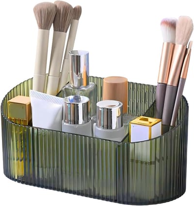 Grote Make-up Borstel Organizer met 5 Vakken, Vintage Gestreepte Houder voor Vaniteit, Badkamer en Bureau, Perfect voor Cosmetica en Make-up Accessoires