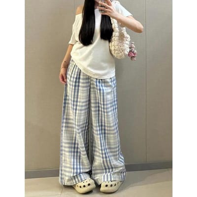 Blauw Ruitjes Casual Broek voor Dames in Lente en Zomer Los en Veelzijdig Wijde Pijp Vloer Rechte Broek 4XL gray