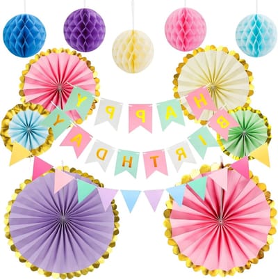 Feestelijke Macaron Versiering Set voor Verjaardagen, Herbruikbare Pastel Decoratie met Gelukkige Verjaardag Slinger, Honingraatballen en Papieren Vlaggen voor Meisjes