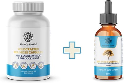 SeamossMood Irish Sea Moss Duo: 100% Natuurlijke Capsules & Ultra-sterke Druppels 3200mg - Verrijkt met Bladderwrack & Burdock Root