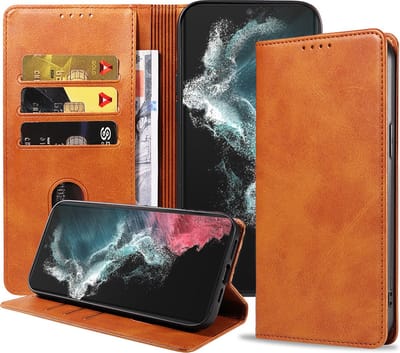 Smartphonica Samsung Galaxy S22 Ultra leren hoesje met magnetische sluiting en pashouders book case – Bruin geschikt voor Samsung Galaxy S22 Ultra