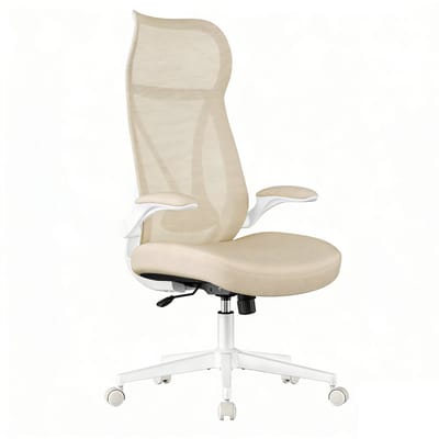 Multifunctionele bureaustoel, computerstoel 71x71x(111-119) cm, beige, ergonomische rugleuning en hoofdsteun, met opklapbare armleuningen en dikke ademende comfortabele zitting, in hoogte verstelbaar, stevig metalen onderstel