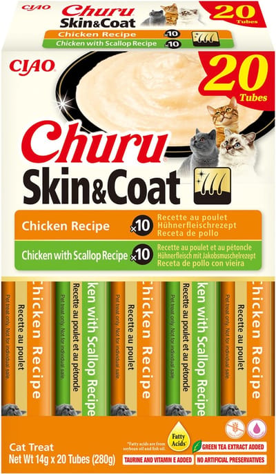 INABA CIAO Churu Skin & Coat Creamy Puree Kattensnack Liquid Kip variëteiten 20x14g