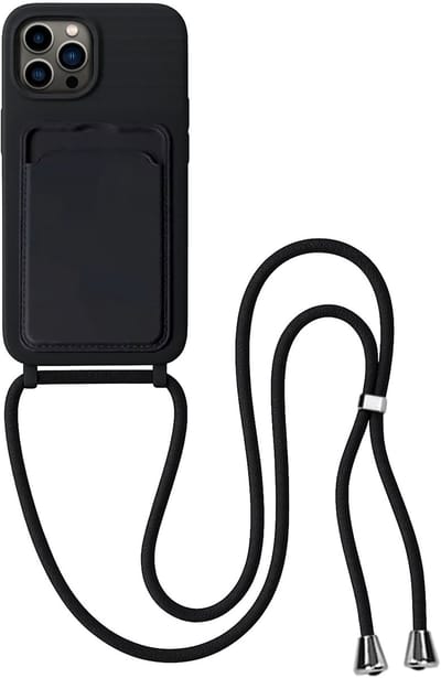 Hoes Geschikt voor iPhone 13 Pro Hoesje Pas Houder Case Hoes Met Koord - Hoesje Geschikt voor iPhone 13 Pro Hoes Met Telefoonkoord Pasjeshouder Cover - Zwart