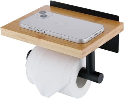 Toiletrolhouder Plank - Bamboe Houder - Badkamer Organisatie - Twee Installatie Opties - 18x13cm Plank - Matzwart Bamboe
