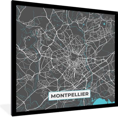 Fotolijst incl. Poster - Montpellier - Kaart - Plattegrond - Stadskaart - Frankrijk - 40x40 cm - Posterlijst