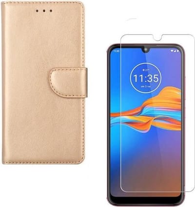 hoesje Geschikt voor: Motorola Moto E6 Plus Portemonnee Goud met 2 stuks Glas Screen protector