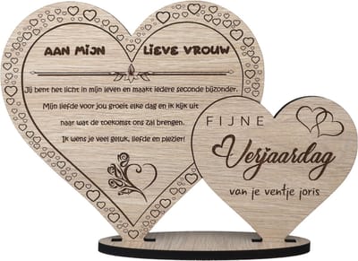 Hartjes echtgenote - houten wenskaart verjaardag - kaart van hout -  verjaardagskaart - gefeliciteerd vrouw - gepersonaliseeerd - 17.5 x 25 cm