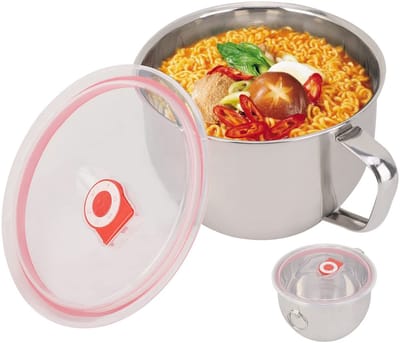 Dailygoods- Noodlekom 1300 ml - Roestvrij Stalen Magnetronkom - Soepkom - Instant Noodles - Handvat met Dubbele Lip - 15,5 x 9,5 cm