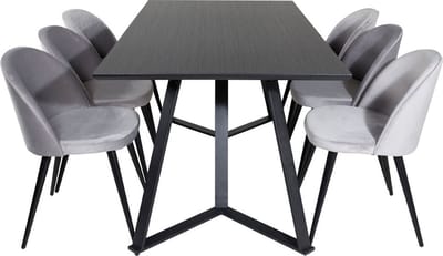 MarinaBLBL eethoek eetkamertafel zwart en 6 Velvet eetkamerstal velours lichtgrijs.