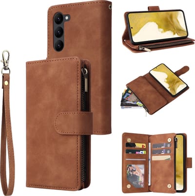 YPCd Wallet Case Pasjeshouder met Rits – Geschikt voor Samsung Galaxy S23 Plus – Luxe Bookcase Hoesje met 6 Pasjesvakken & Polsbandje – Bruin